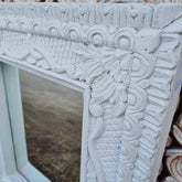Hand Carved Indian Solid Wood Wall Mirror With Floral Pattern White Wash 56x66cm